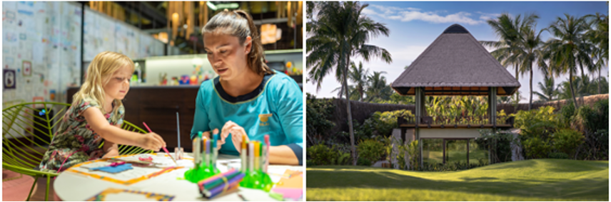 woman painting with child with tropical island