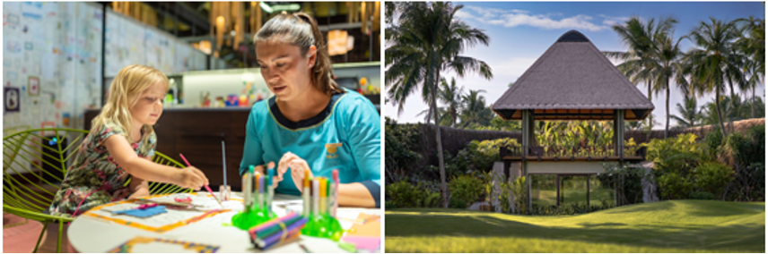 woman painting with child with tropical island 