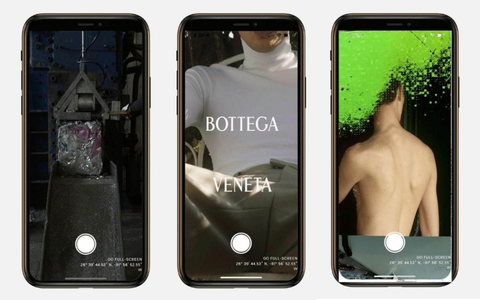 three images of a Bottega Veneta app on a smart phone