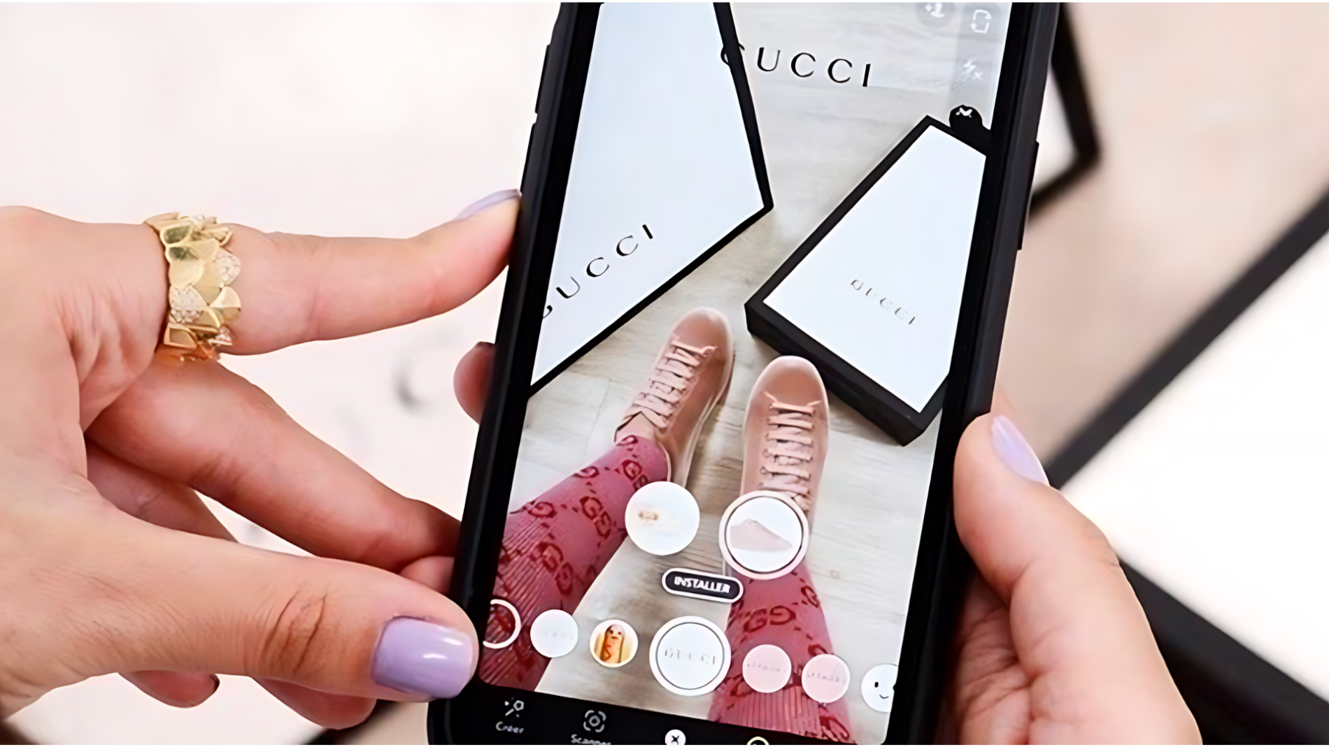 Exploring luxury fashion through a smartphone's augmented reality feature, with a user virtually trying on a pair of designer shoes.